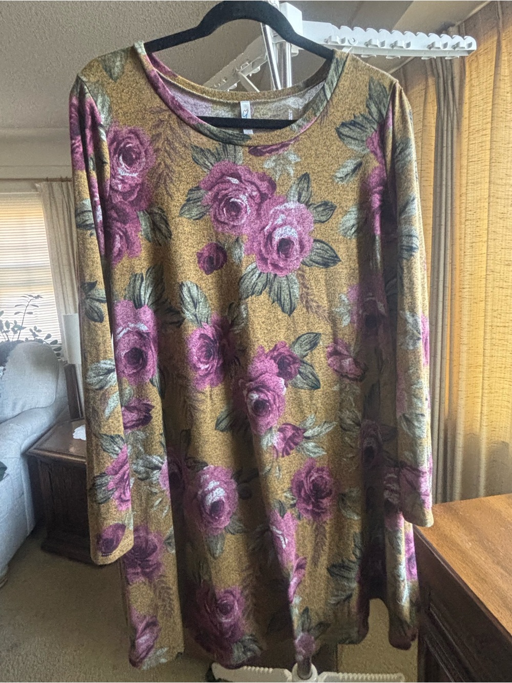 Mustard Floral Long-Sleeve Mini Dress with Pink Rose Print